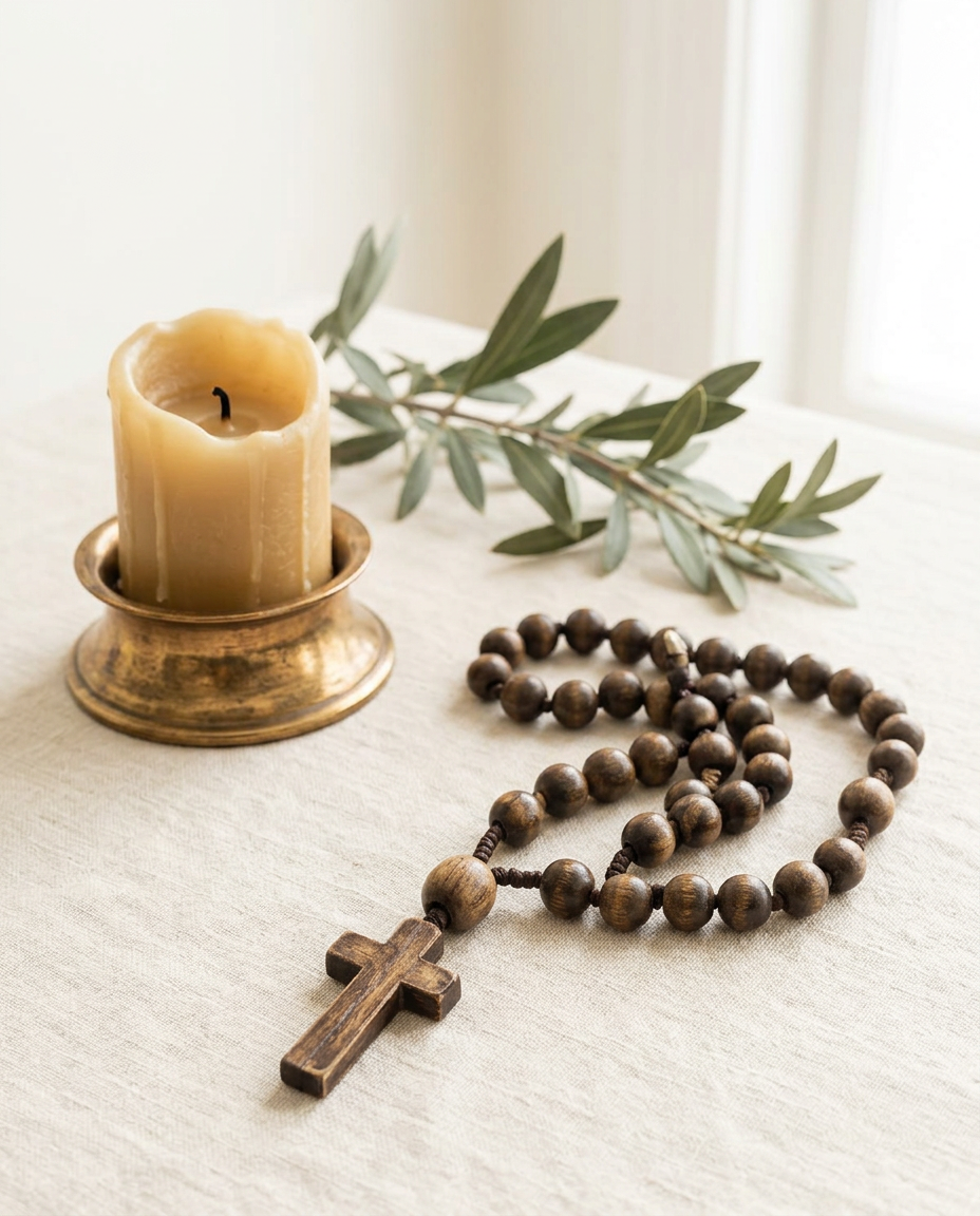 Wooden rosary and candle in natural light on cream linen
