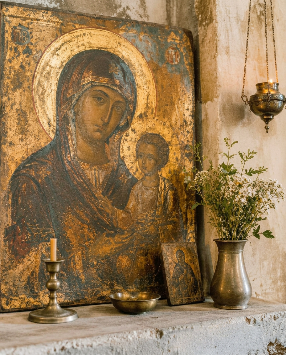 Byzantine icon of the Theotokos and Child in a sunlit chapel